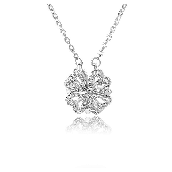 Silver 2-in-1 Necklace with Four-Leaf Clover and Magnetic Heart - Offer Ends Today